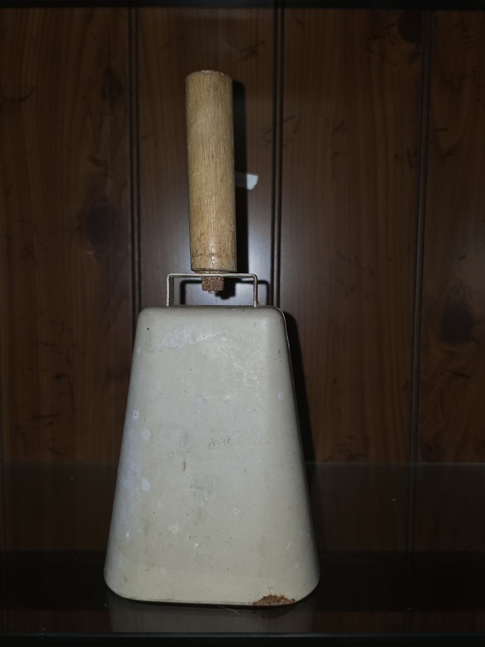 Vintage Cream Metal Cowbell with Wood Handle